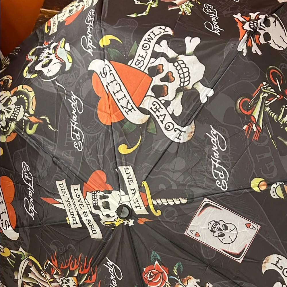 Ed Hardy Black Tattoo-Print Compact Umbrella with Red and Yellow Accents